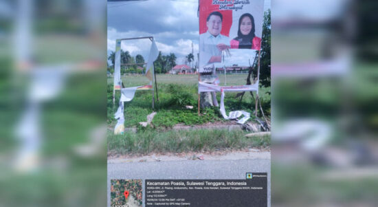 Baliho pasangan bakal calon wali kota dan Wakil Wali Kota Kendari, Yudhianto Mahardika dan Nirna Lachmuddin dirusak orang tak dikenal pada Senin, 16 September 2024. Foto: Dan