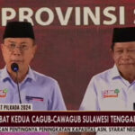 PSX_20241102_212621 Pasangan calon (paslon) gubernur dan Wakil Gubernur Sulawesi Tenggara (Sultra), Andi Sumangerukka (ASR)-Hugua saat tampil dalam debat publik kedua pemilihan Gubernur (Pilgub) Sultra 2024 yang berlangsung di Kolaka, Jumat malam, 1 November 2024. Foto: Screenshoot video Youtube Metro TV